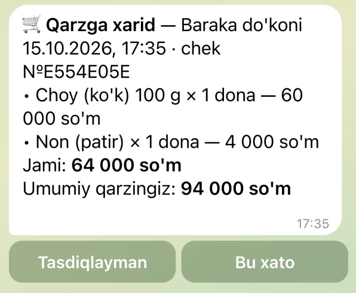 Mijoz xaridni Telegram'da tasdiqlaydi.